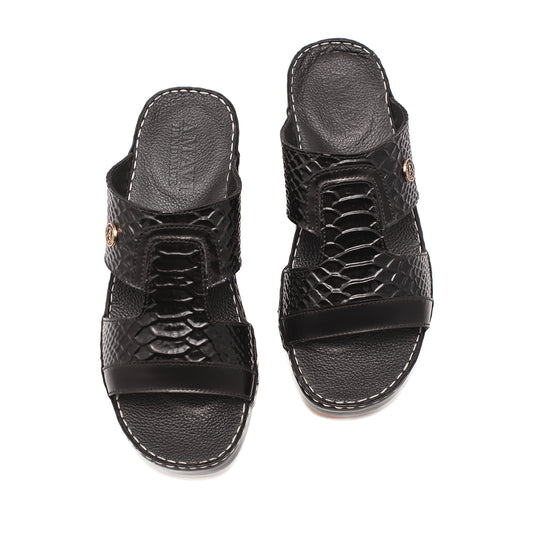 9021-صندل رجالي أسود من جلد الكوبرا اللامع