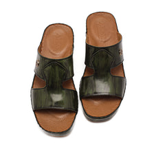 9017 - Men's green slippers with a light sheen in crocodile leather