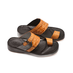 9010 - Men's tan crocodile-embossed leather slippers
