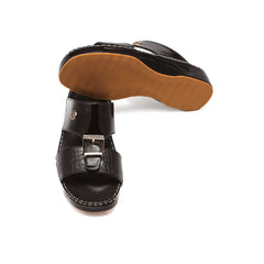 9008 - Men's black patent leather and small crocodile skin slippers